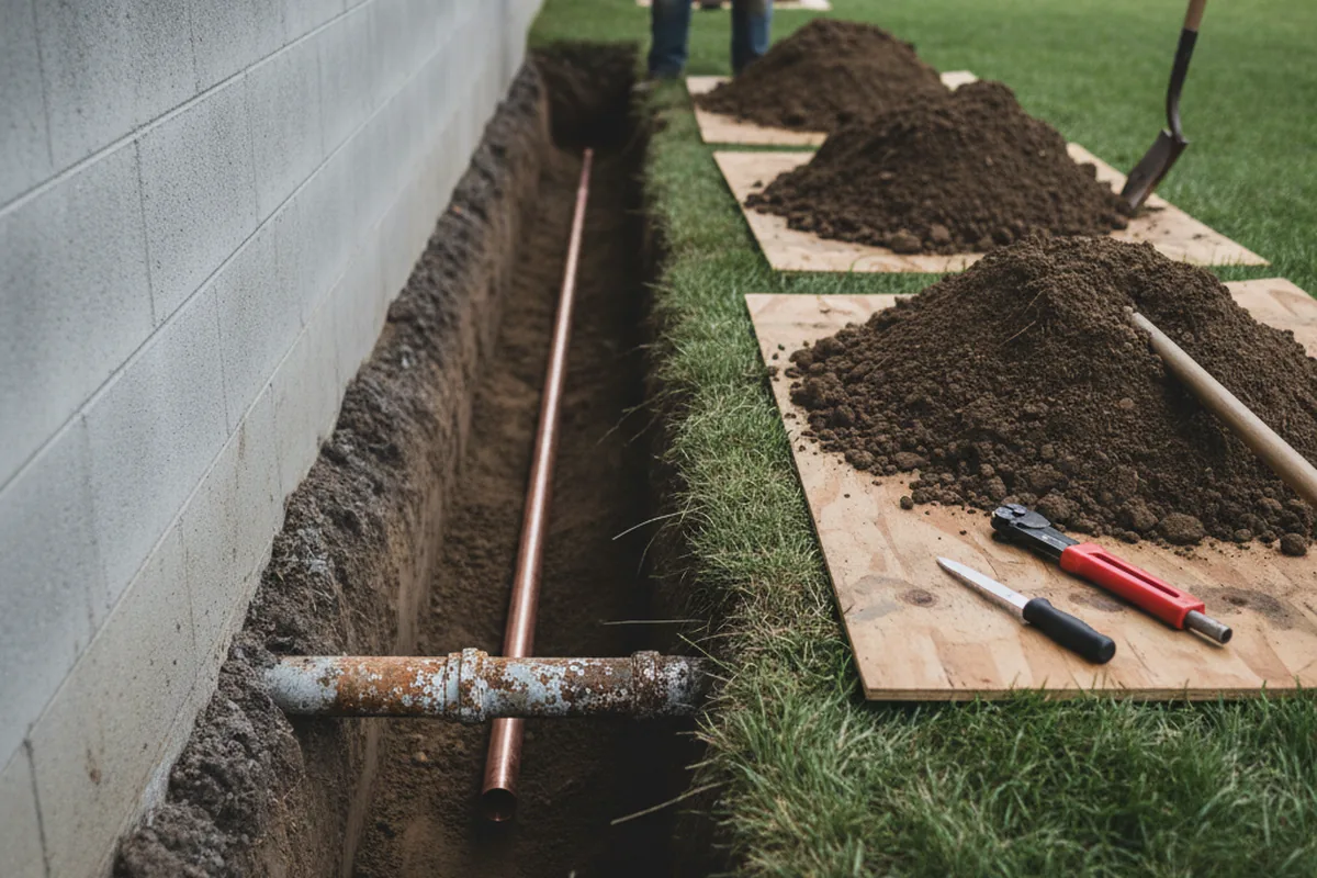 Excavated water line trench during Water Softener Installation in Joanna